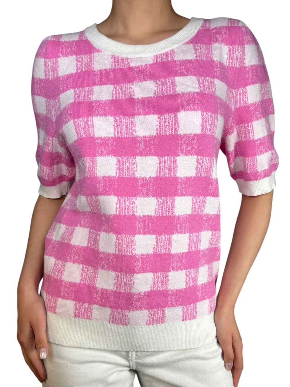Anthropologie Maeve Pink & White Gingham Check Short-Sleeve Sweater Size Small